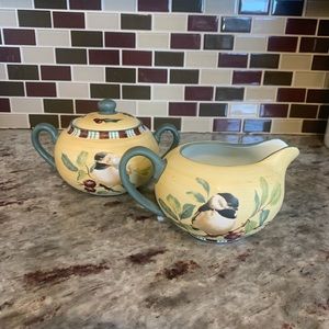 Lenox Winter Greetings creamer and sugar bowl with chickadee